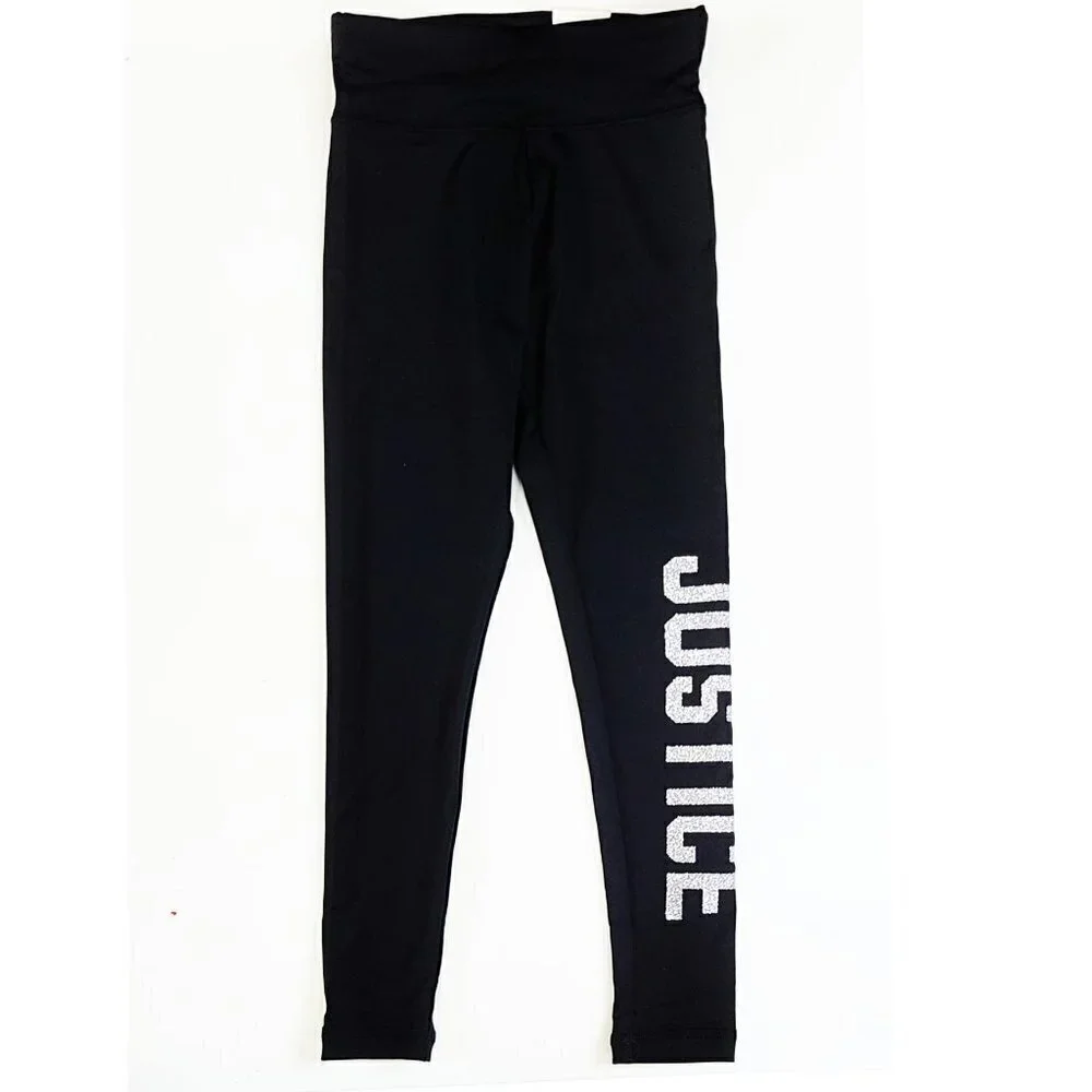 NWT JUSTICE Big Girls Silver Glitter Logo Active Fit Pants Leggings